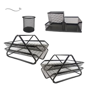Kit Escritório Organizador de Mesa Bandeja Dupla Porta Caneta Lápis Preto