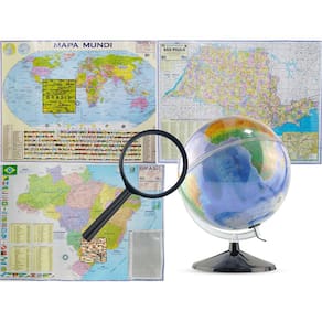 Kit Globo Terrestre Profissional Mondo 30cm + Lupa + Mapa do Brasil + Mapa Mundi + Mapa do Estado de SP