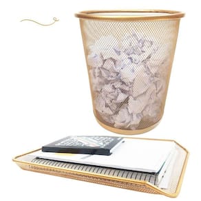 Kit Escritório Lixeira Bandeja Organizadora De Papel Dourado