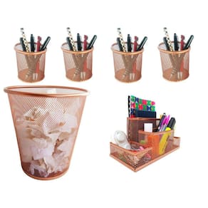 Kit Organizador, Porta Caneta e Lixeira Rose Gold Escritório