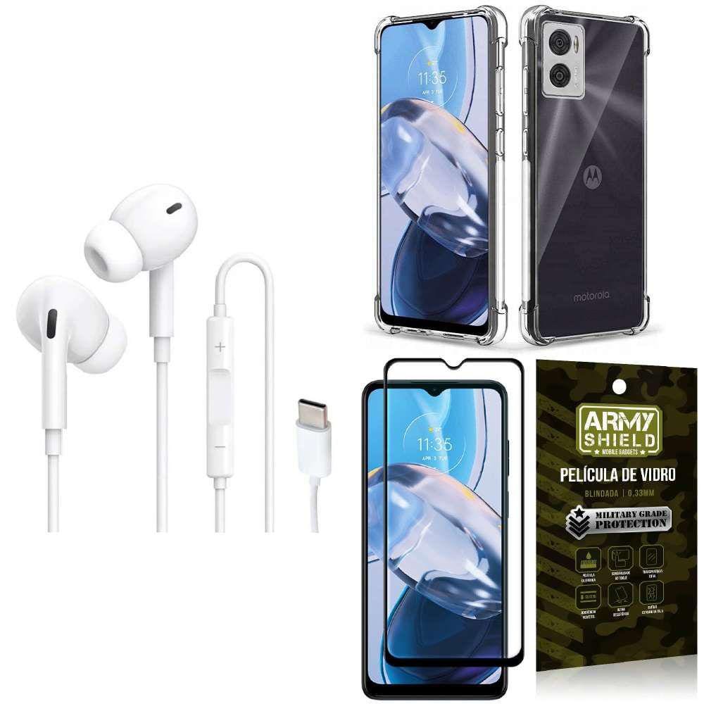 Capinha Moto E22 + Fone Tipo C Intra Auricular + Película 3D