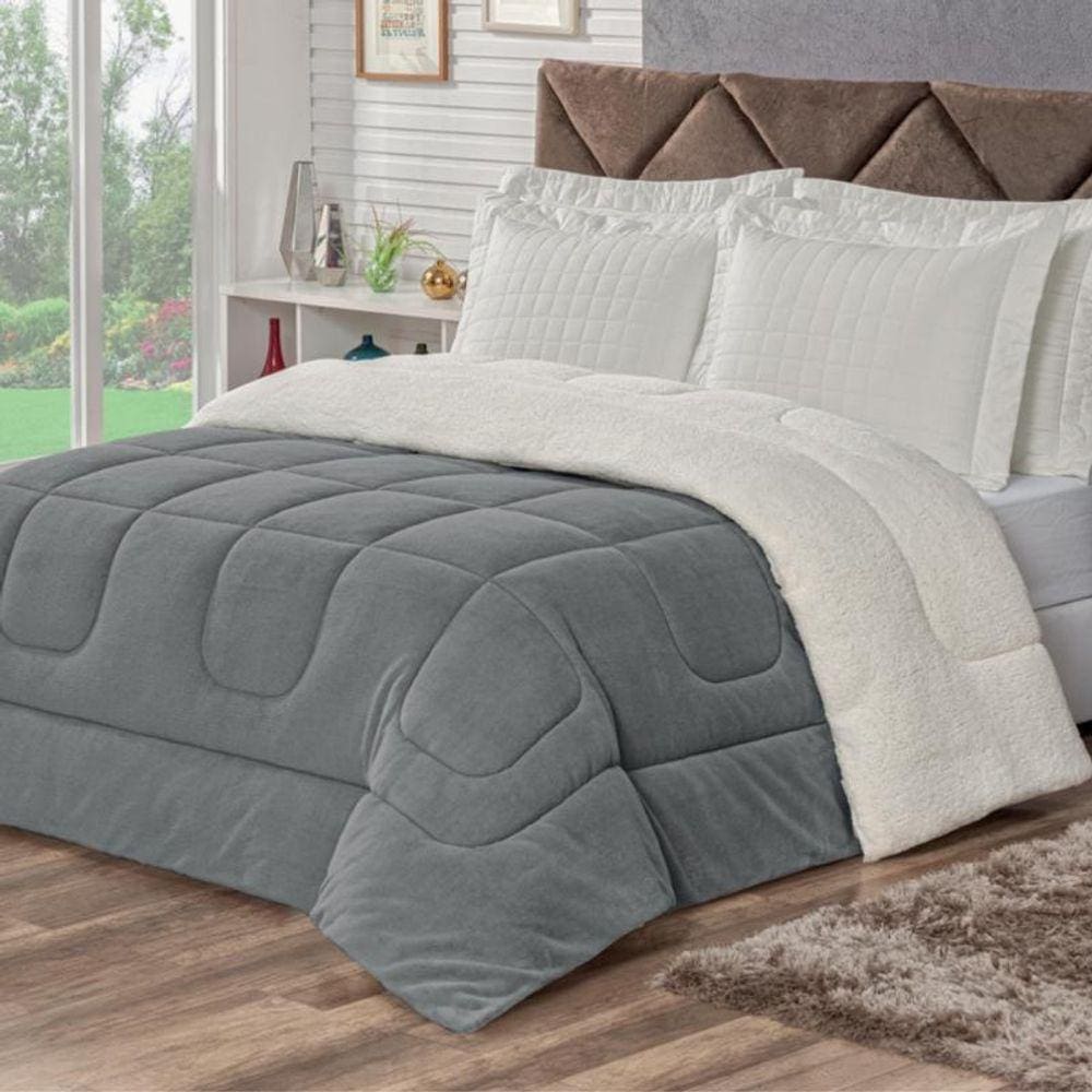 Coberdrom Casal King Veneza 1 Peça Sherpa Fleece Cinza