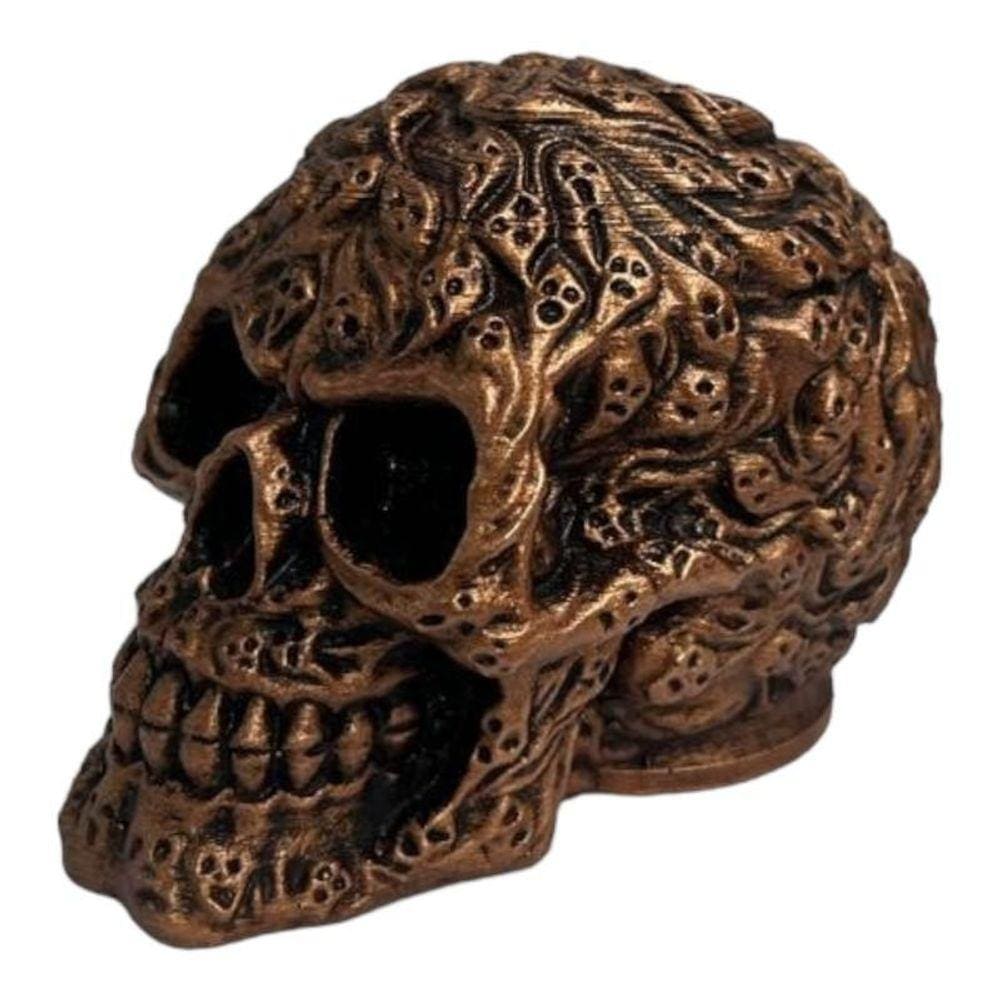 Escultura Crânio Relevos Cobreado Em Resina