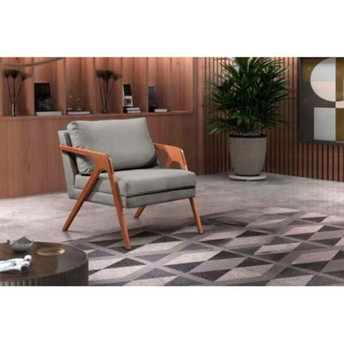 imagem-Poltrona Decorativa Mona Premium Linho Cinza e Base Madeira Maciça