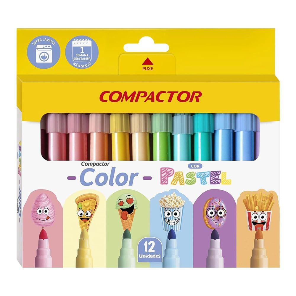 Caneta Hidrográfica Compactor Color Pastel 12 Cores