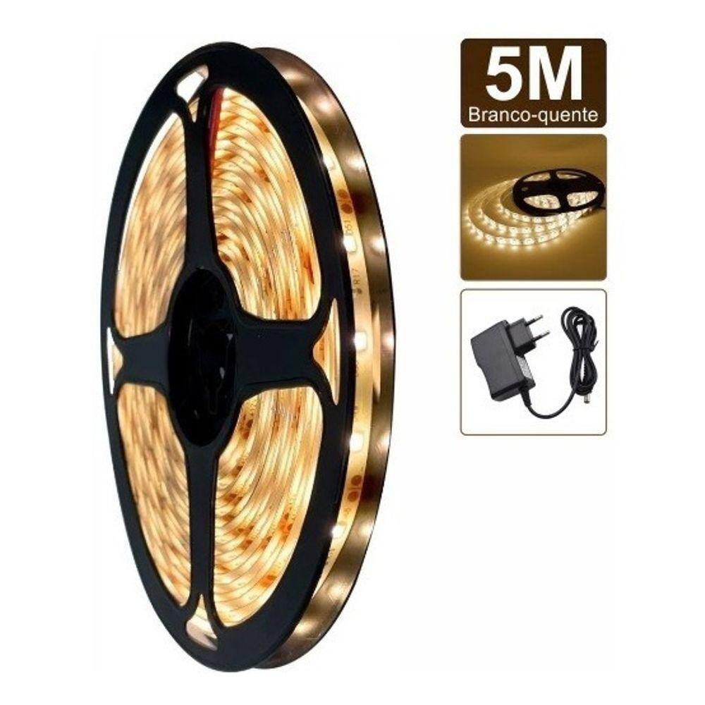 Fita Led Rolo 5metros 3528 Branco Quente 3000k Com Fonte