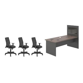 Jogo Painel e Mesa de Escritório Com 3 Cadeiras Freijó Preto