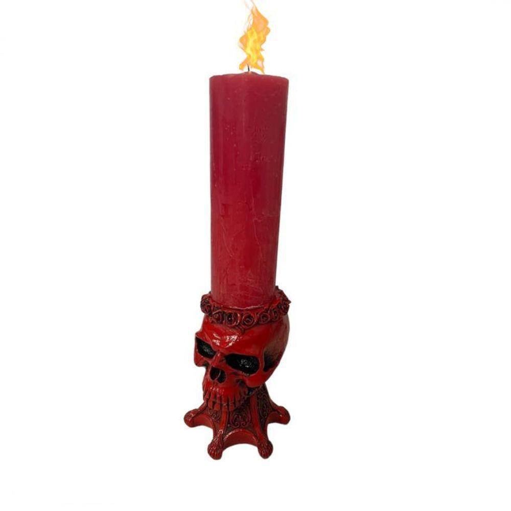Escultura Crânio Castiçal 13 Cm Em Resina Vermelho