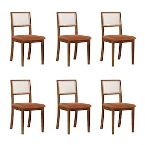 Kit 6 Cadeiras de Jantar Luxo Palha Estofadas Couro Pu Caramelo Tela Sextavada Rubi Madeira Maciça I