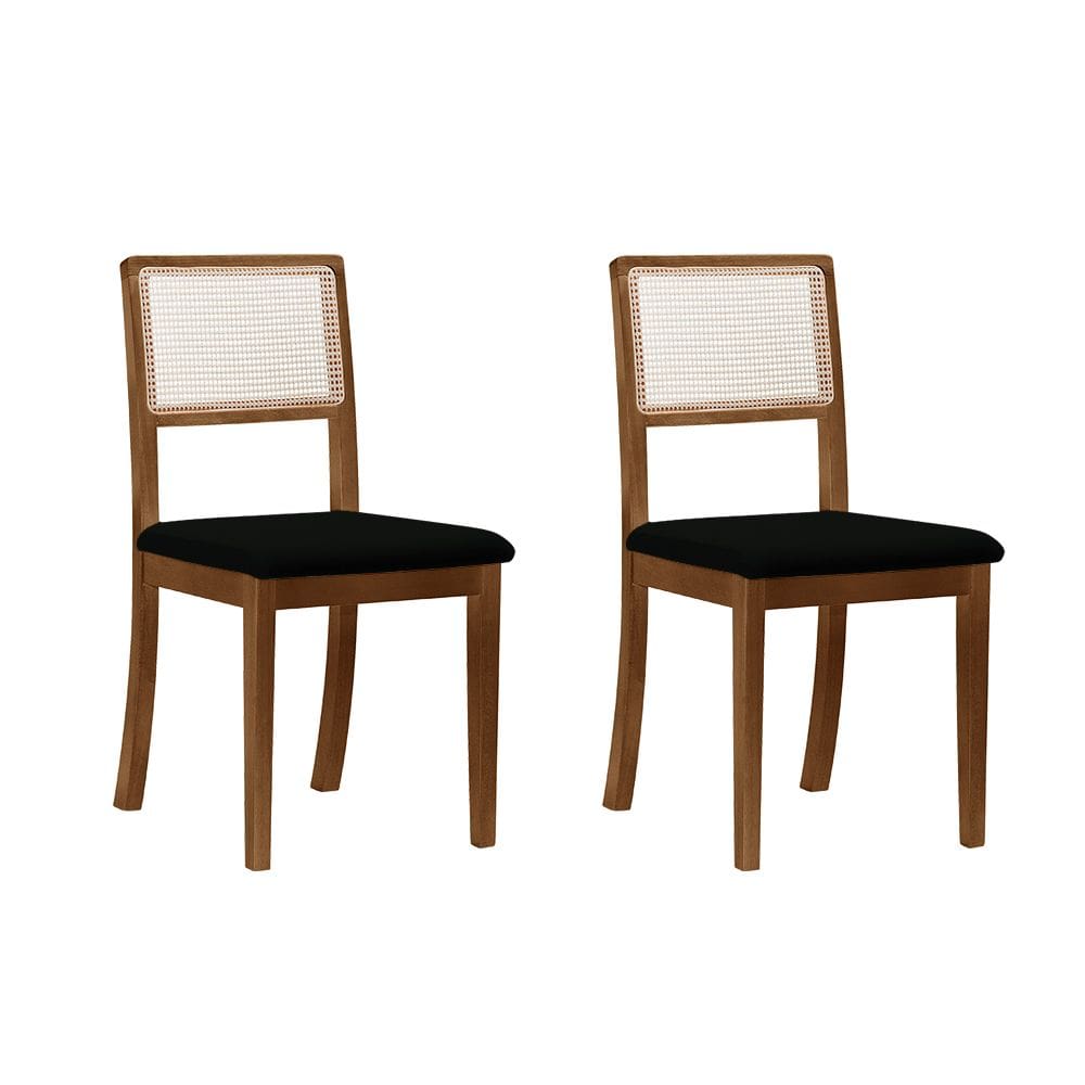 Kit 2 Cadeiras de Jantar Luxo Palha Estofada Veludo Preto com Tela Sextavada Rubi Madeira Maciça Imb