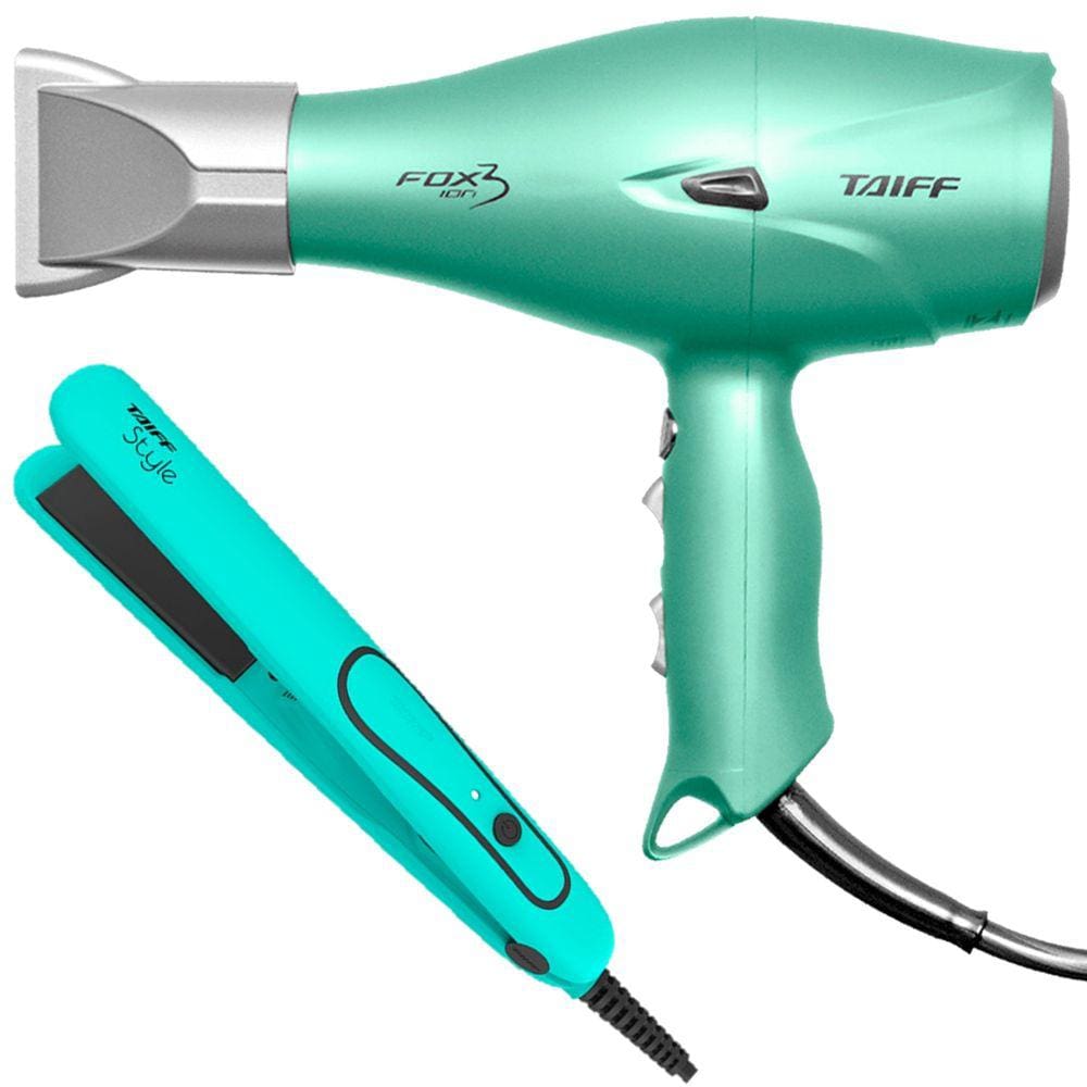 Kit Taiff - Secador Profissional Fox Ion 3 Soft Green 2200W 127V + Prancha Style Azul Tiffany 210ºc
