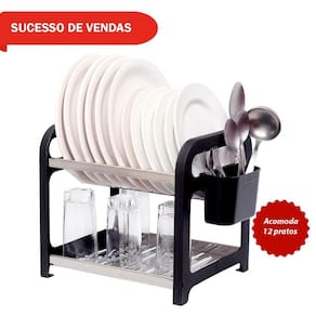 Escorredor 12 Pratos Inox Preto Com Porta Talheres