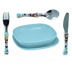 Conjunto Pratos E Faqueiro Com 3 Pcs Mickey Kids Fundo Azul
