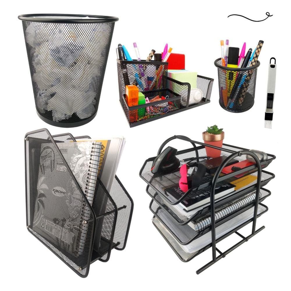 Kit Escritório Porta Caneta Lixeira Organizador de Mesa Arquivo Duplo e Bandeja de Quatro Prateleiras Preto