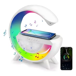 Luminária Bluetooth 3 em 1: Luz, Som e Carregamento Indutivo
