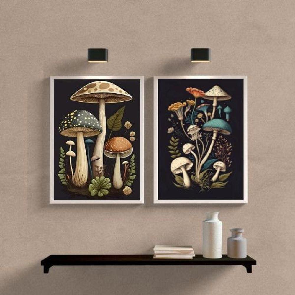 Kit 2 Quadros Decorativos Cogumelos 45X34Cm - Com Vidro