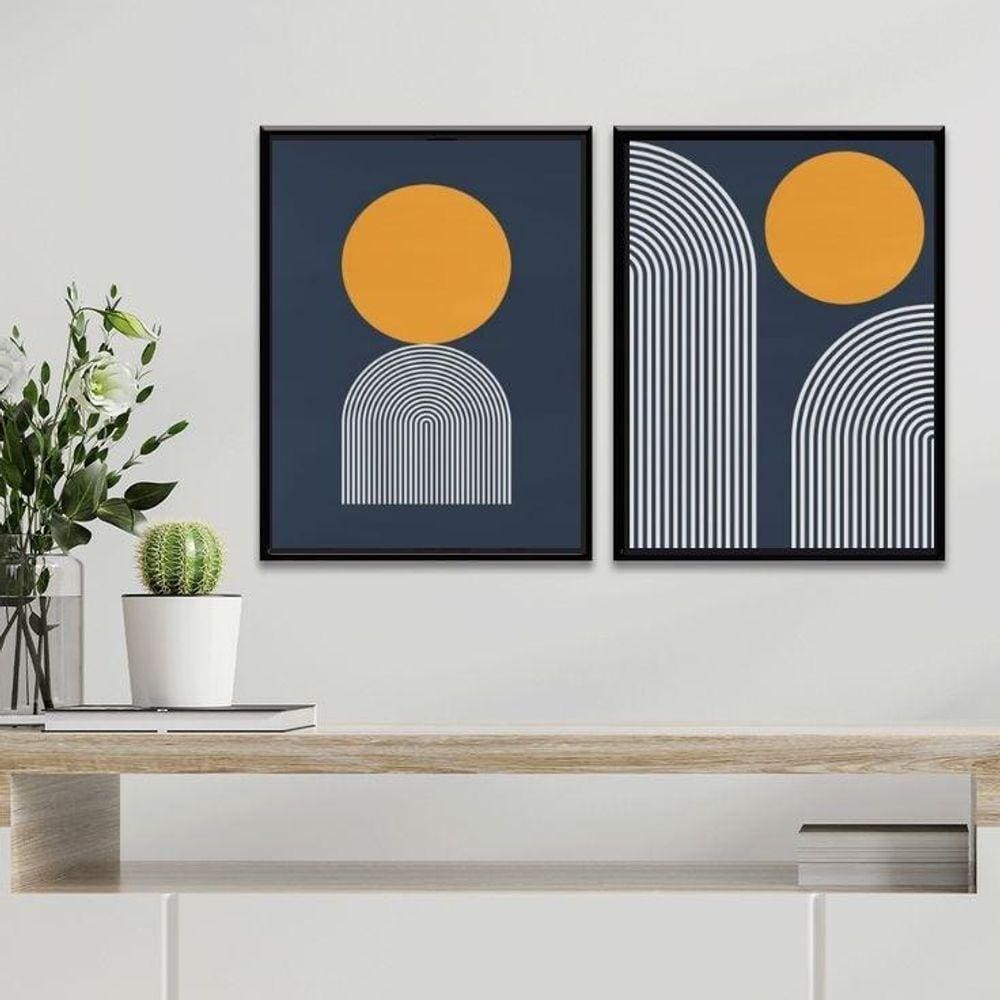 Kit 2 Quadros Minimalistas Abstratos Azul E Amarelo 24X18Cm