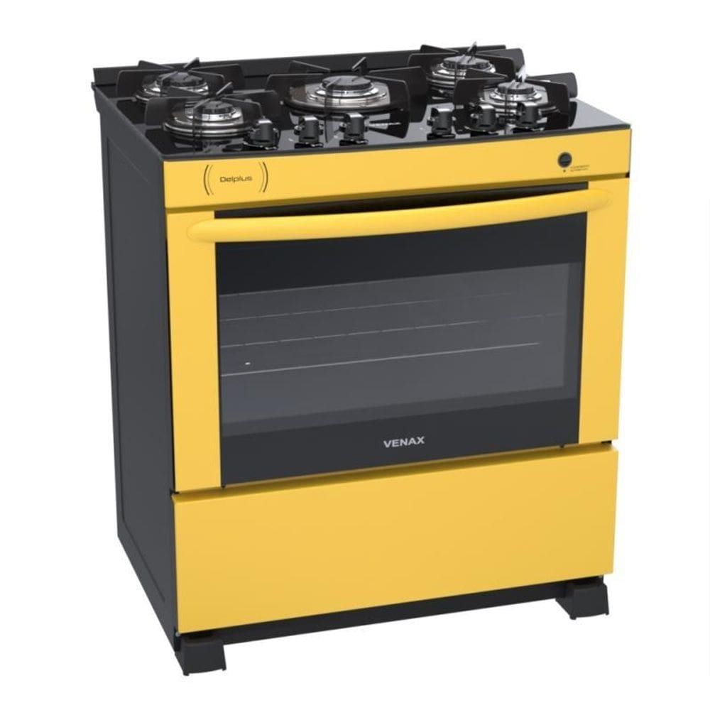 Fogao 5 Bocas Venax Delplus Vitreo Bl Amarelo Gas Glp