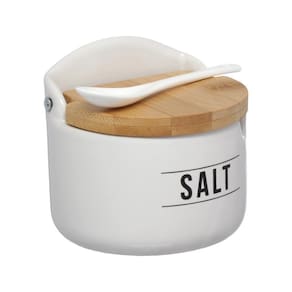 Saleiro De Porcelana Com Tampa De Bambu E Colher