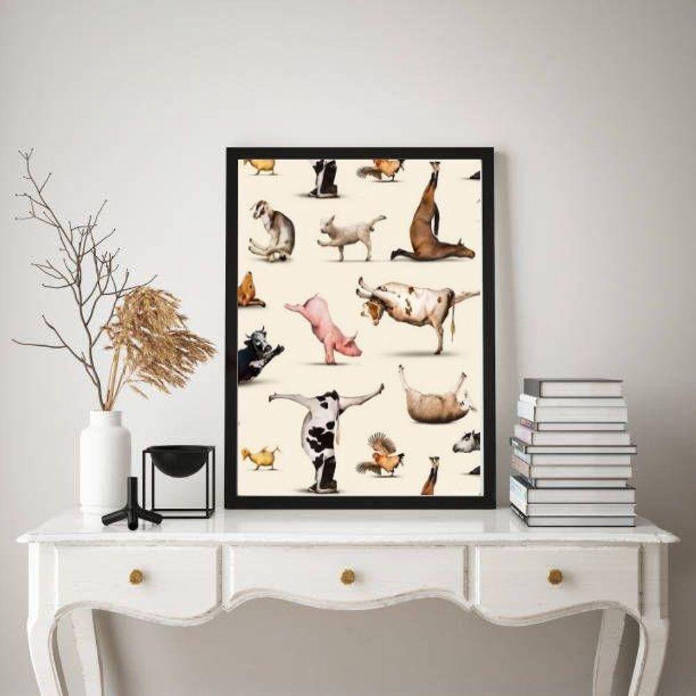 Quadro Decorativo Animais Fazendo Yoga 45X34Cm - Com Vidro