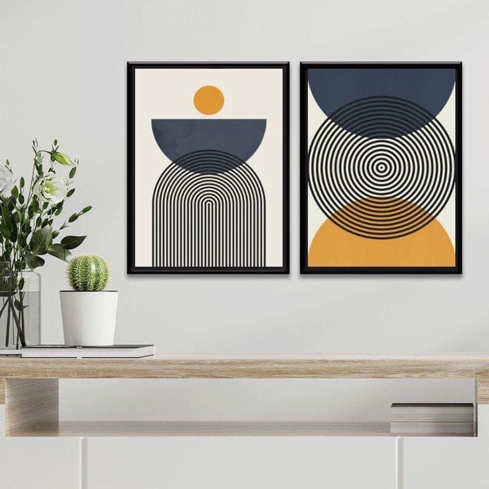 Kit 2 Quadros Abstrato Círculos Azul E Mostarda 33X24Cm
