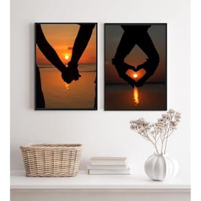 Kit 2 Quadros Decorativos Casal Por Do Sol Praia 24X18Cm
