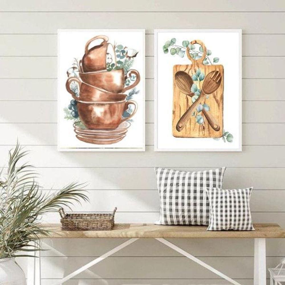 Kit 2 Quadros Cozinha Panelas E Utensílios 24X18Cm - Vidro