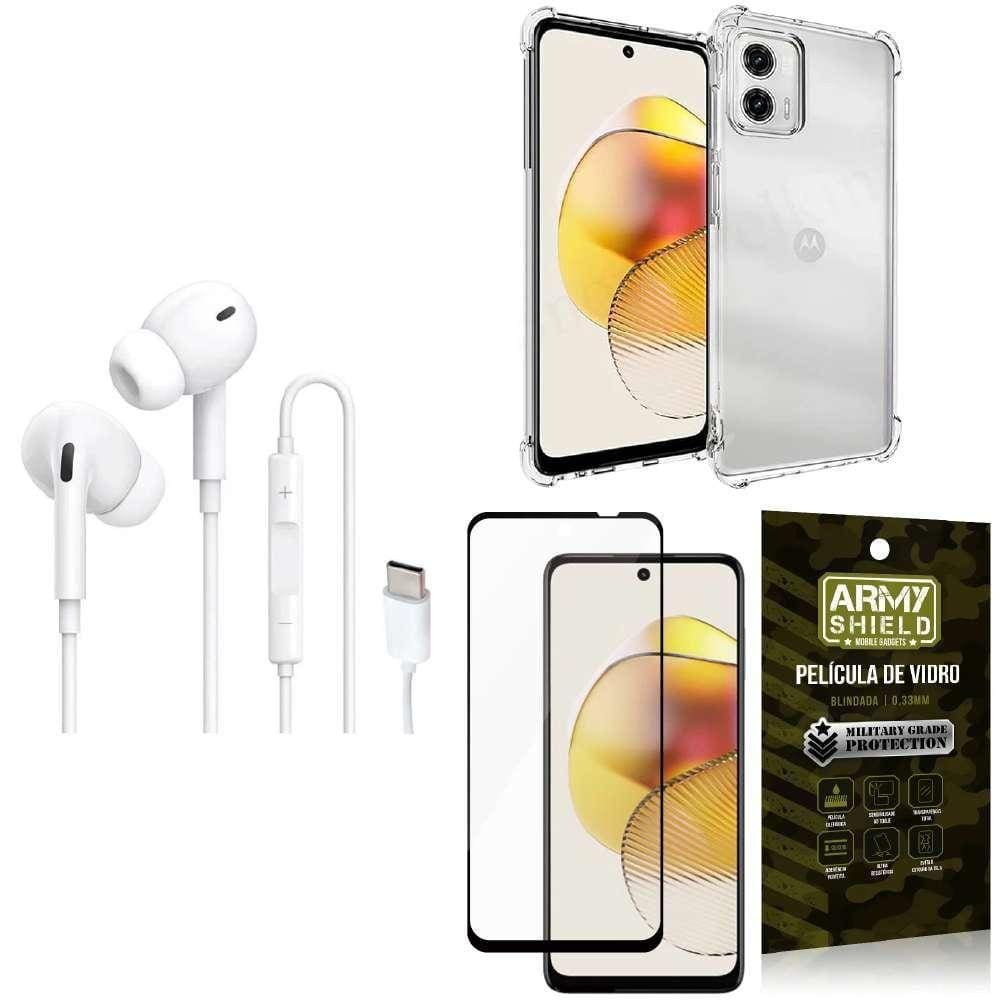 Capinha Moto G73 + Fone Tipo C Intra Auricular + Película 3D