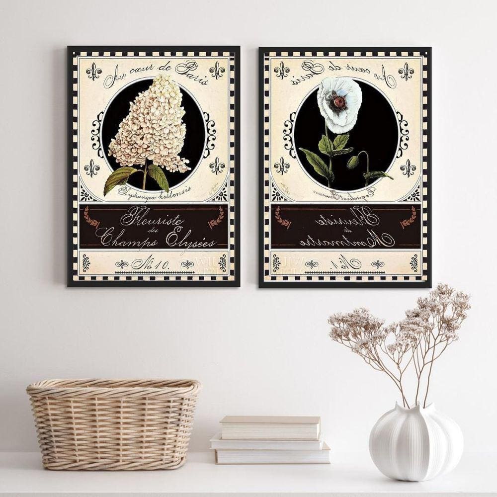 Kit 2 Quadros Decorativos Vintage Flores Paris 45X34Cm Vidro