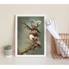 Quadro Decorativo Passarinhos Flores Cerejeira 33X24Cm Vidro
