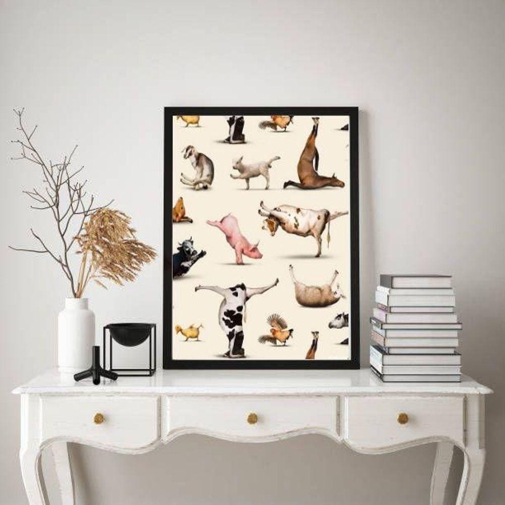 Quadro Decorativo Animais Fazendo Yoga 33X24Cm - Com Vidro