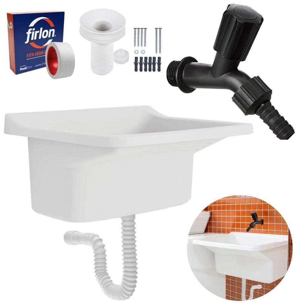 Tanque Plástico 40L Lavanderia Branco + Sifão Universal