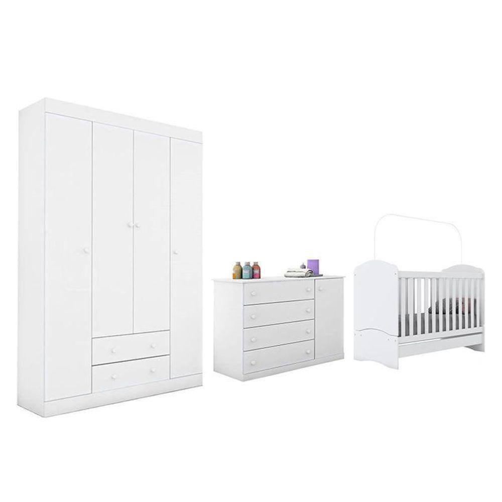 Dormitório Infantil Helena Guarda Roupa, Cômoda e Berço Bala de Menta - Phoenix Baby - Branco