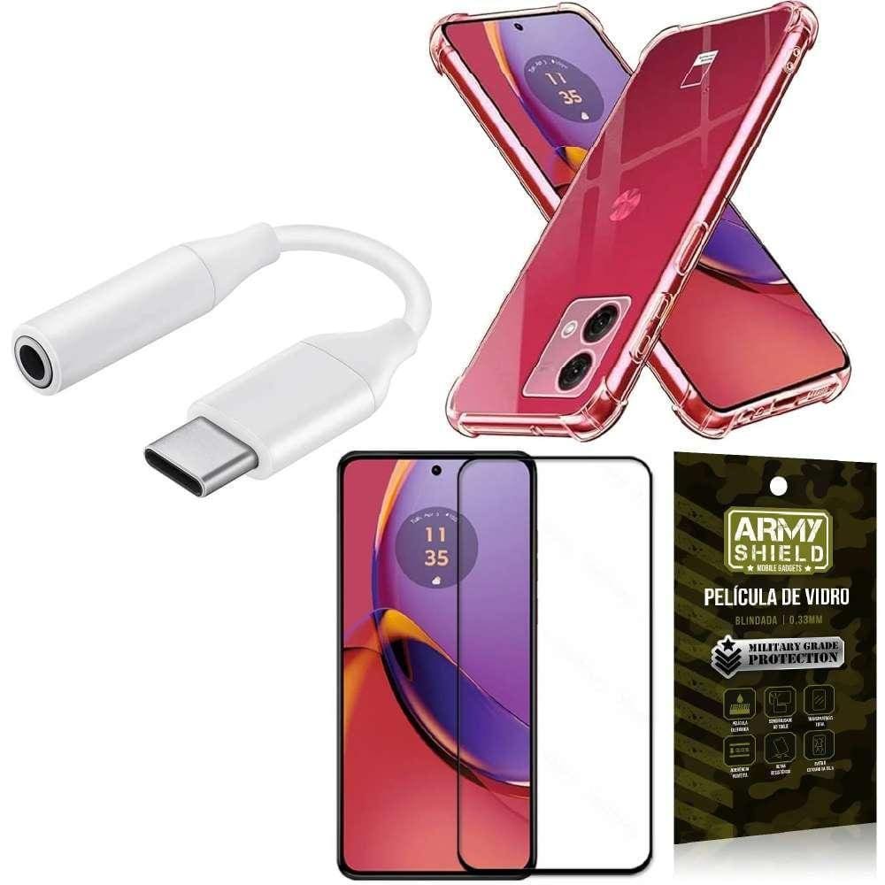 Capinha Moto G84 + Adaptador Tipo C Para P2 + Película 3D