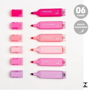 Marca Texto Pink Vibes Estojo Com 6 Cores Ponta Chanfrada
