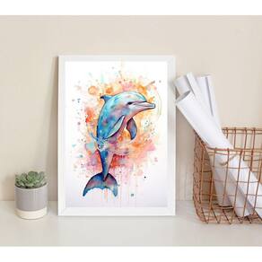 Quadro Decorativo Golfinho Colorido- Aquarela 33X24Cm Vidro