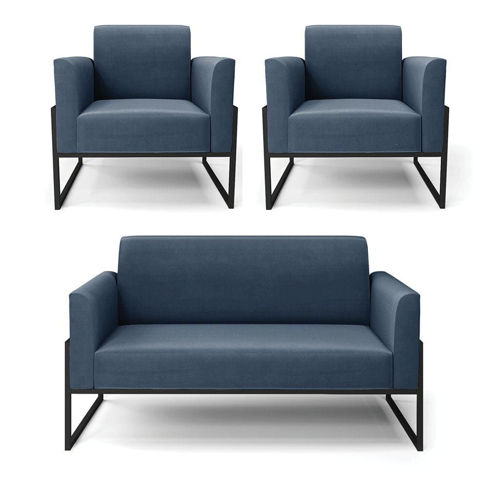 Sofá Namoradeira com 2 Poltronas Base Industrial Alta Preto Marisa Suede Azul Marinho D03 - D`Rossi