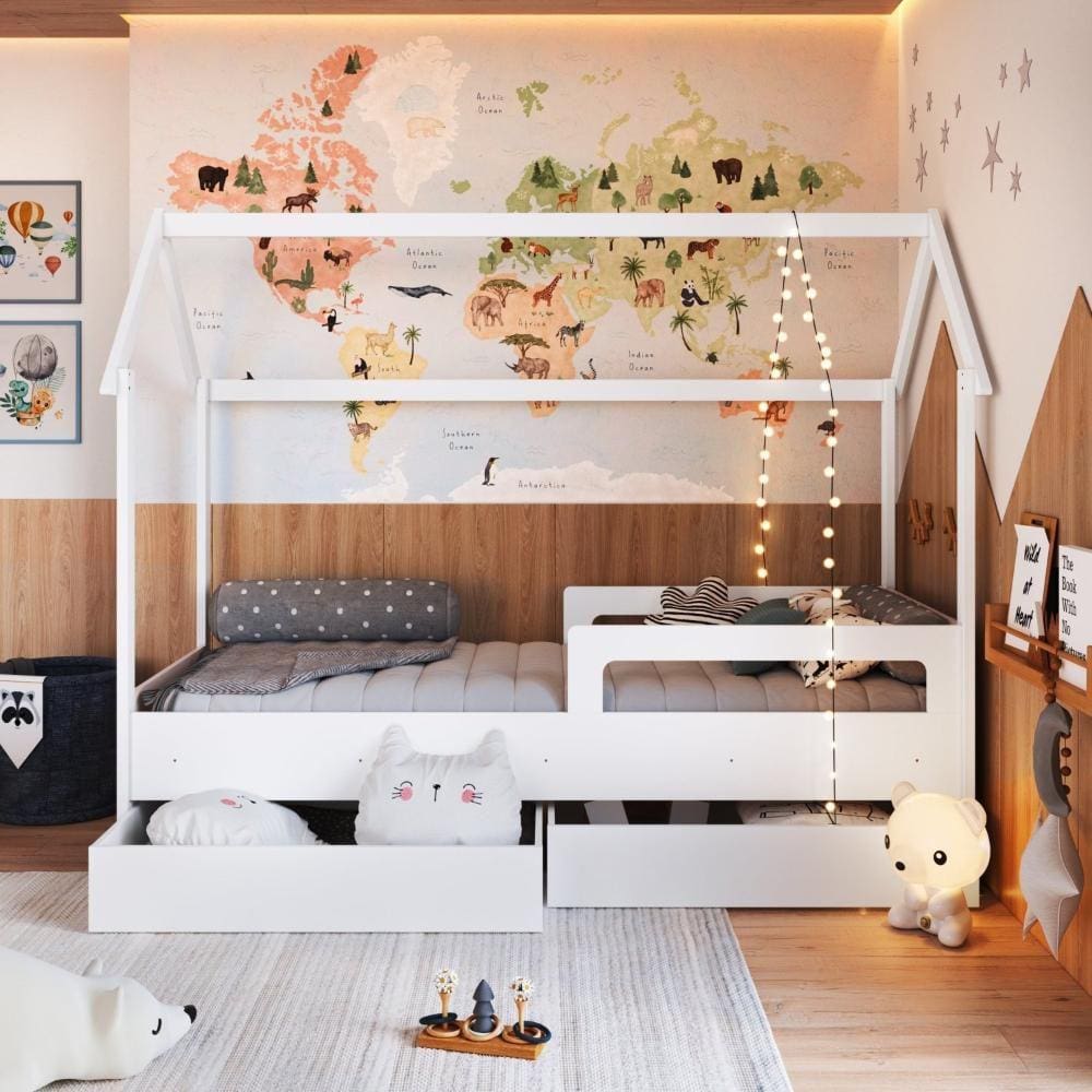 Cama Infantil Montessoriana com Gavetões Inferiores Branco/Rosa