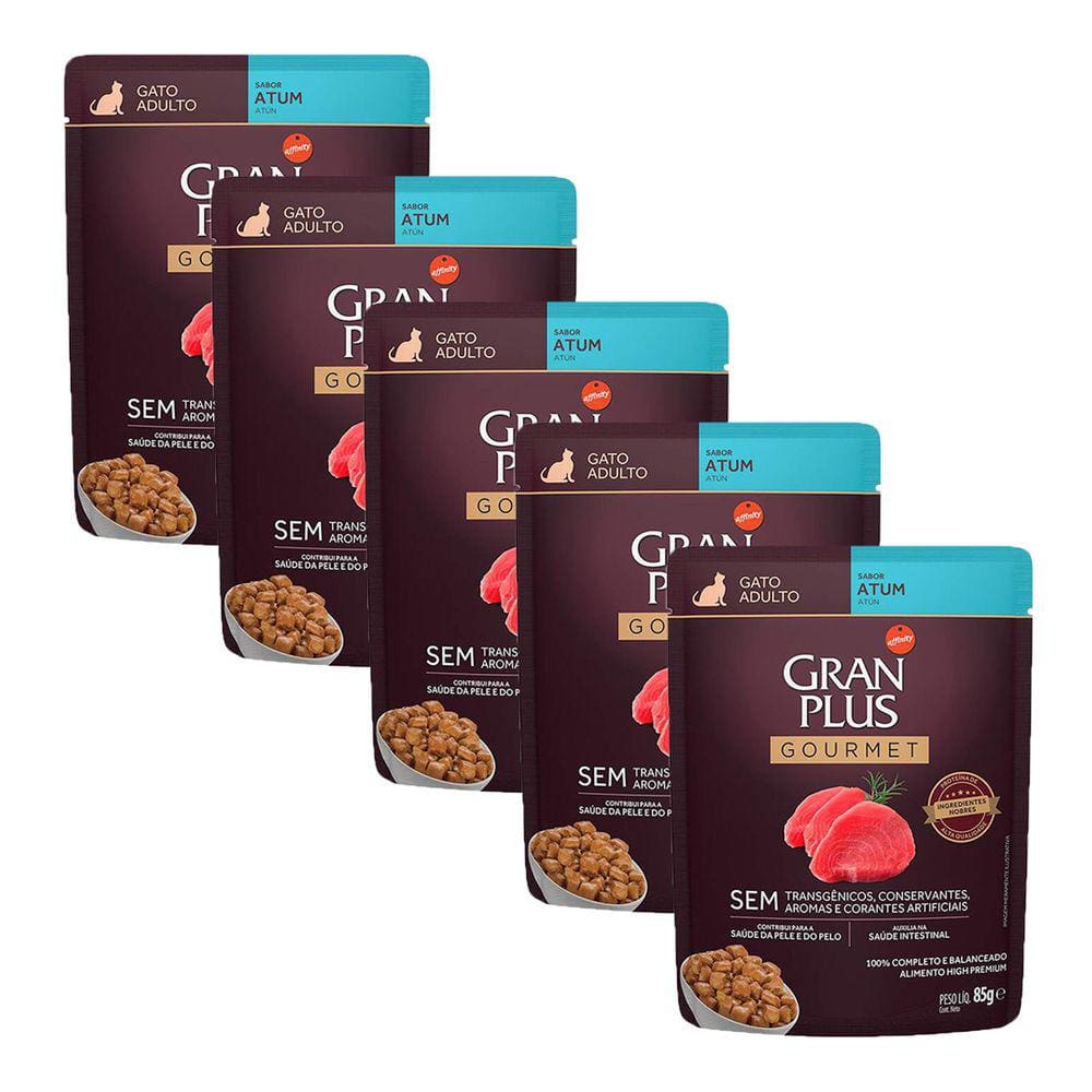 KIT 5 Ração Úmida Gran Plus Gourmet Gatos Adultos Atum Sachê 85g