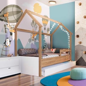 Cama Infantil Solteiro Com 2 Colchões E Auxiliar Casinha Aveiro Oak Branco Carrossel Shop JM