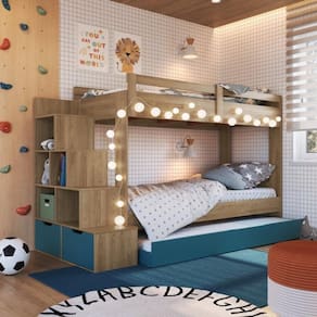 Treliche Infantil com Cama Auxiliar 3 Colchões Aveiro Oak/Azul Secreto