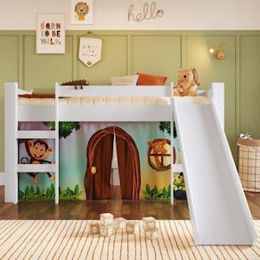 Cama Elevada com Escorregador e Cortina Zoo 1 Colchão Branco/Zoo