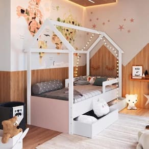 Cama Infantil Montessoriana 2 Gavetões Inferiores 1 Colchão Branco/Rosa