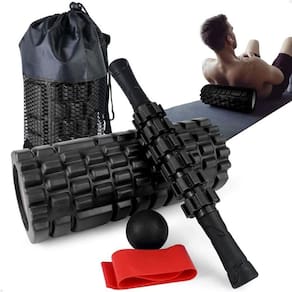 Kit Completo 4x1 Lorben Rolo de Massagem Bastão Miosfascial Bola Lacrosse Faixa Elástica Band Bolsa