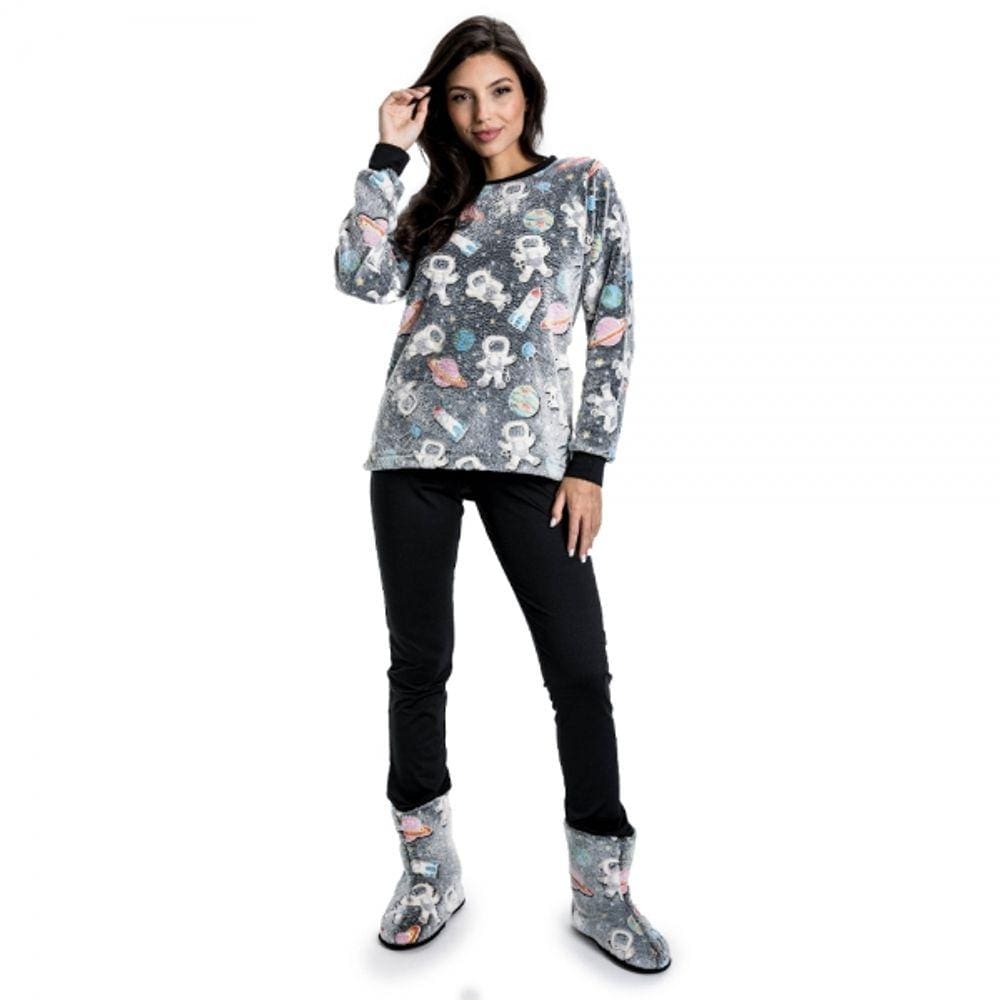Pijama Pelúcia Astronauta Com Modal Peluciado Preto