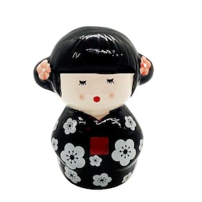 Enfeite Japonesa Kokeshi Cerâmica Preta Felicidade do Lar