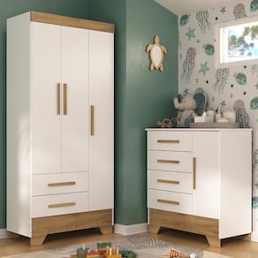 Quarto Infantil Completo Guarda Roupa 3 Portas 2 Gavetas com Cômoda Selene Espresso Móveis Branco Fosco/Nature