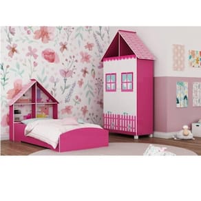 Quarto Infantil Cama e Guarda Roupa Casinha Pink Ploc/Branco