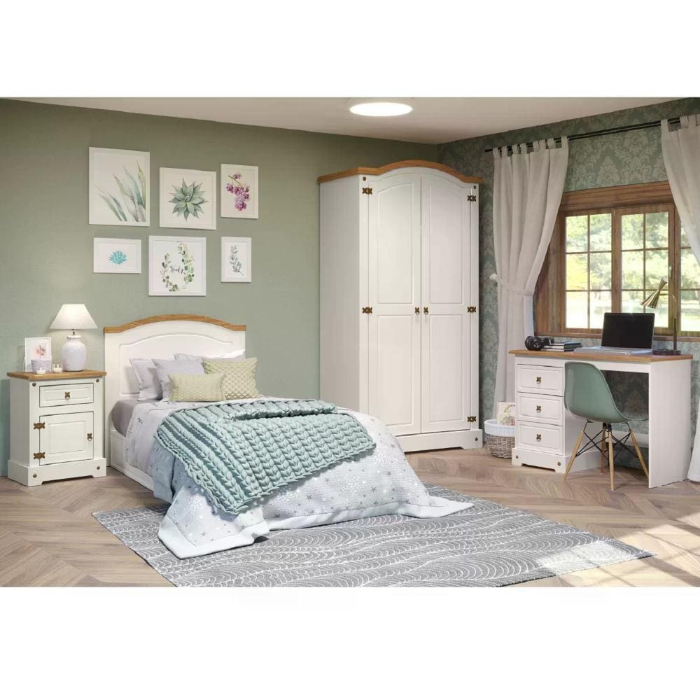 Quarto Infantil Completo 1 Guarda Roupa 1 Mesa de Cabeceira 1 Cabeceira Solteiro 1 Escrivaninha Smile Creme/Carvalho