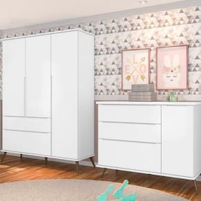 Quarto Infantil com Guarda Roupa 3 Portas 2 Gavetas e Cômoda 3 Gavetas 1 Porta Melinda Phoenix Baby Branco